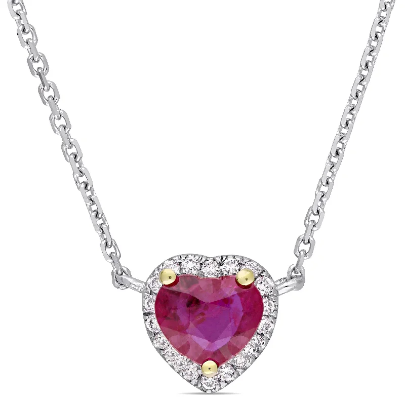 Surf wave necklaces-Miadora 14k White Gold with Yellow Gold Prongs Heart-Cut Ruby and Diamond Halo Necklace