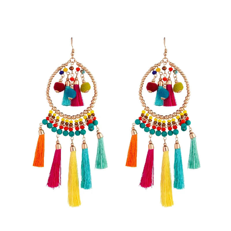 Onyx gem earrings-Mixed Brights Beaded Hoop With Pom Pom & Tassel Accents