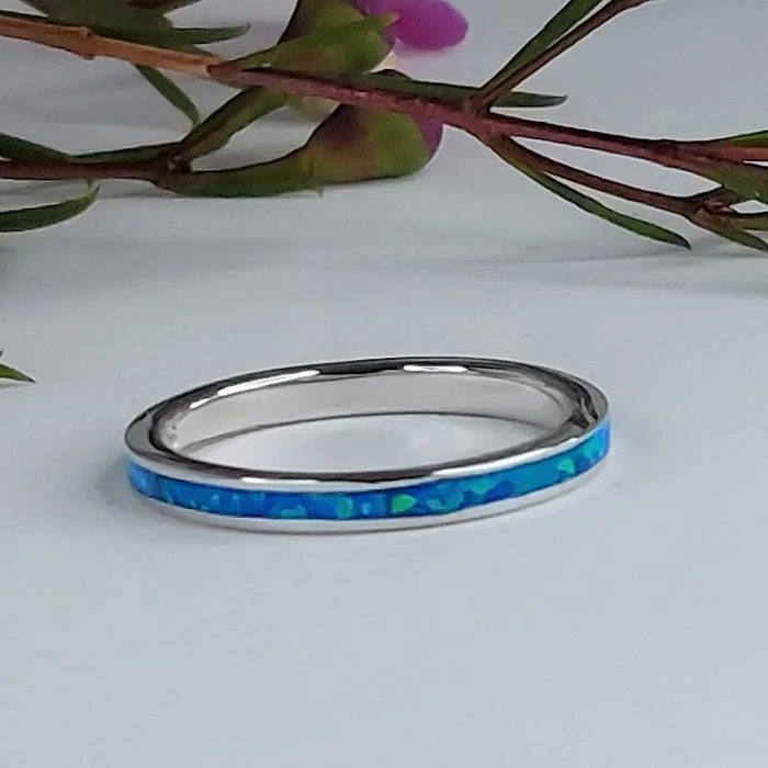 Light clay engagement rings-Blue Opal Channel Ring