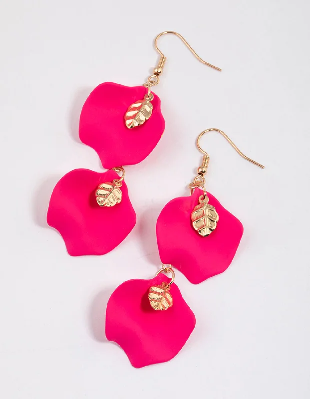 Thin pearl earrings-Pink Double Petal Drop Earrings