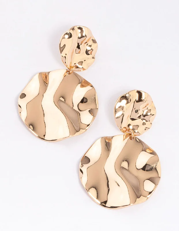 Tiny heart earrings-Gold Wrapped Double Disc Drop Earrings