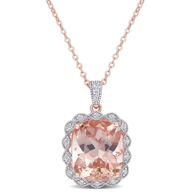 Linen thread necklaces-Miadora Rose Plated Sterling Silver Cushion-cut Simulated Morganite & Cubic Zirconia Halo Drop Necklace - 18 inch x 16.1 mm