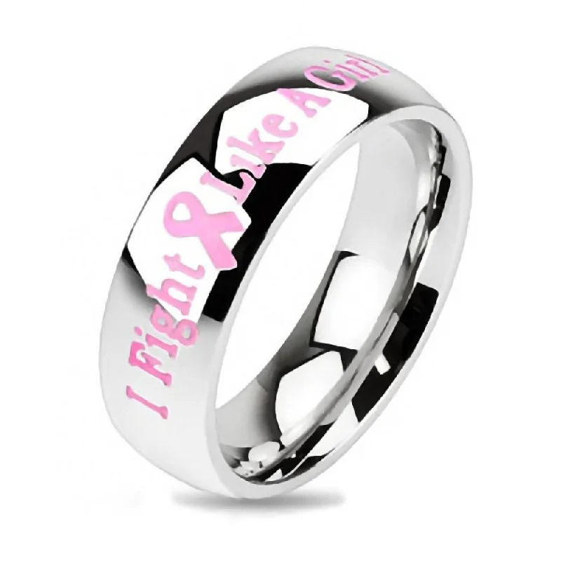 Subtle accent engagement rings-Fight Like A Girl Stainless Steel Pink Breast Cancer Awareness Ring