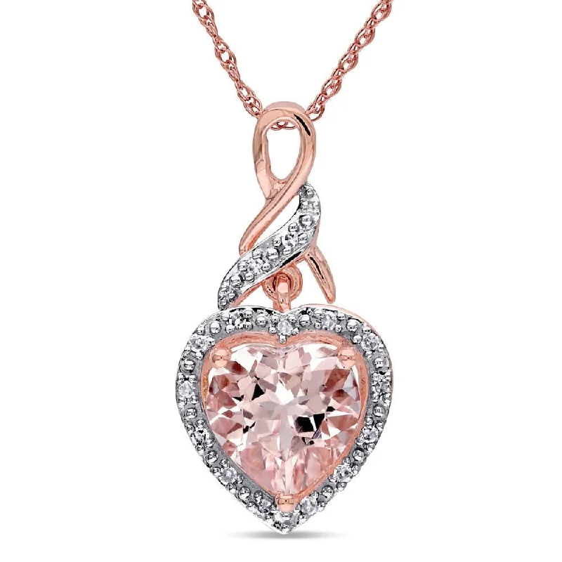 Braided link necklaces-Miadora 10k Rose Gold Morganite and Diamond Halo Heart Pendant Necklace (H-I, I2-I3) - 17 in x 11.1 mm x 23 mm x 11 mm