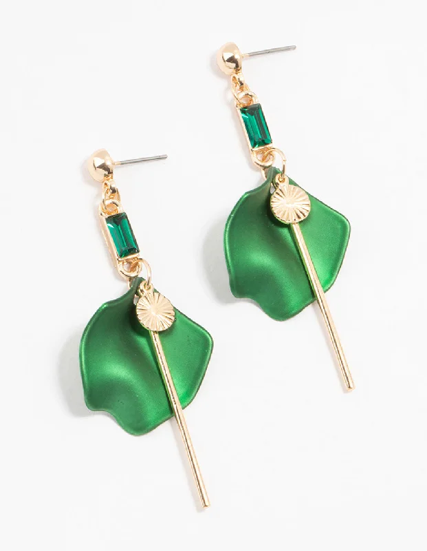 Surf theme earrings-Gold Green Pearlised Bow Chain Drop Earrings