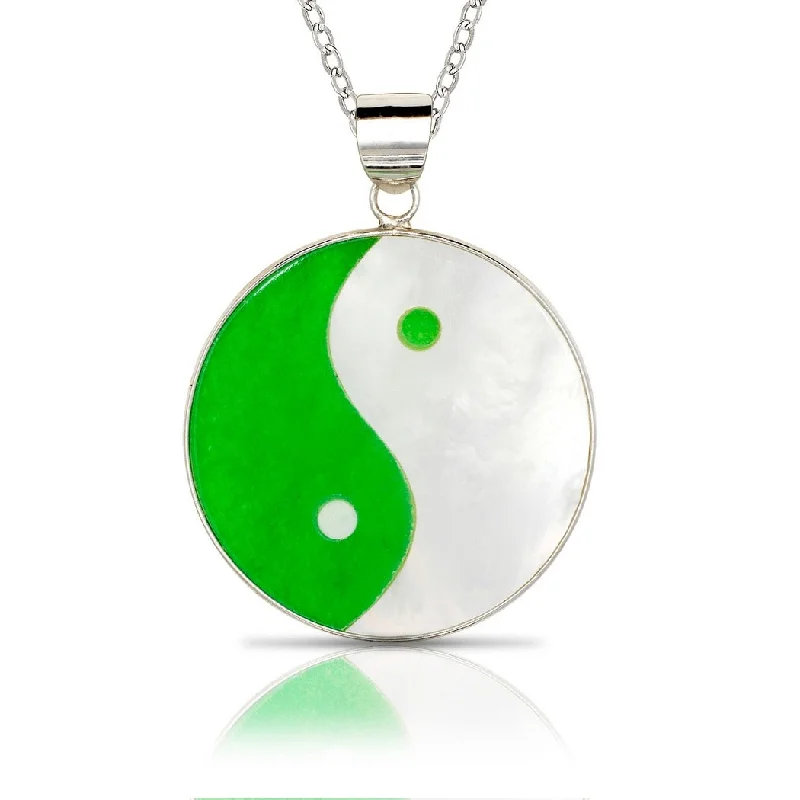 Woven tribal necklaces-925 Sterling silver 18" Jade/MOP Ying Yang Circle Pendant Necklace (25mm x 32mm) - Green