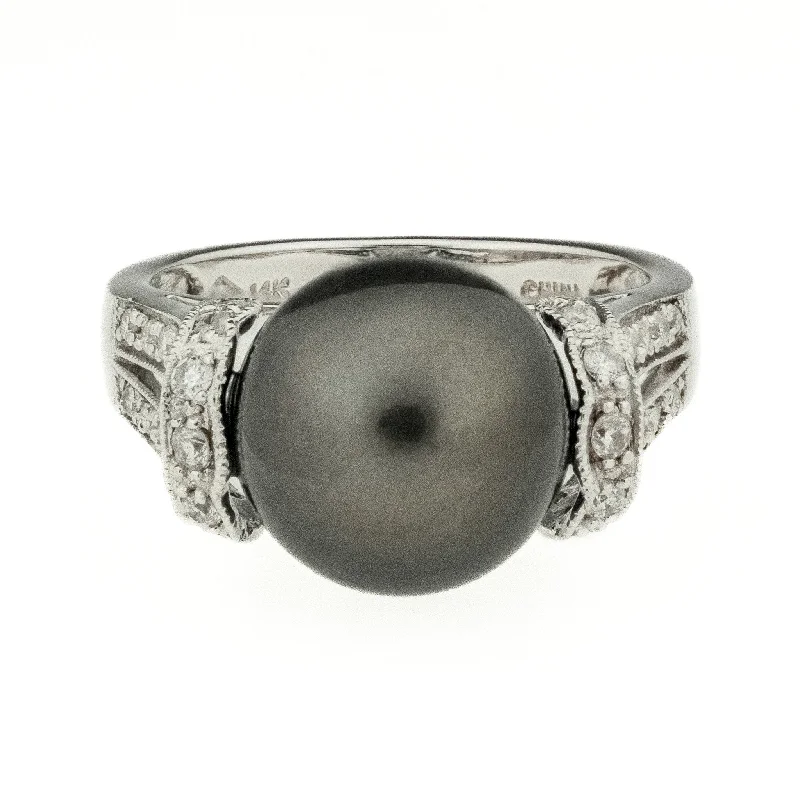 Handcrafted engagement rings-11.50mm Tahitian Black Pearl and Diamond Accents Ring in 14K White Gold