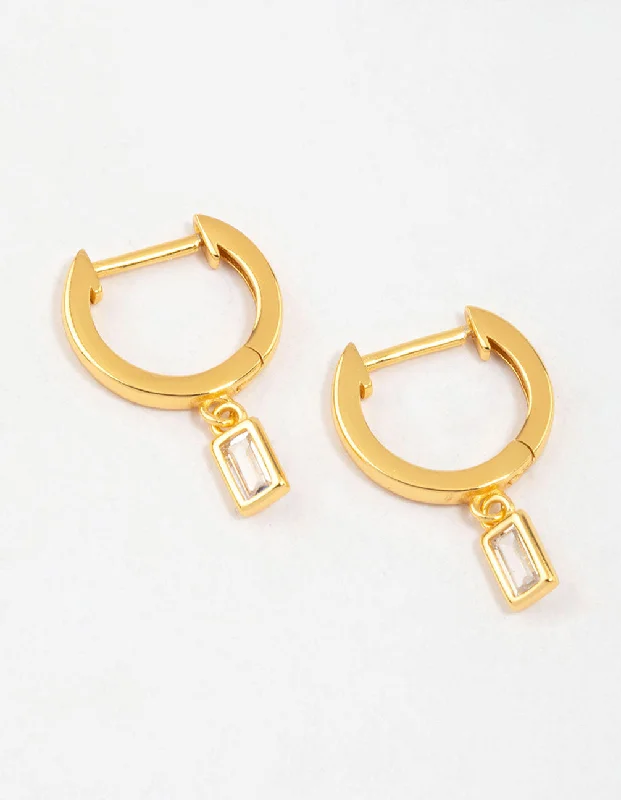 Alloy metal earrings-Gold Plated Sterling Silver Cubic Zirconia Baguette Drop Earrings