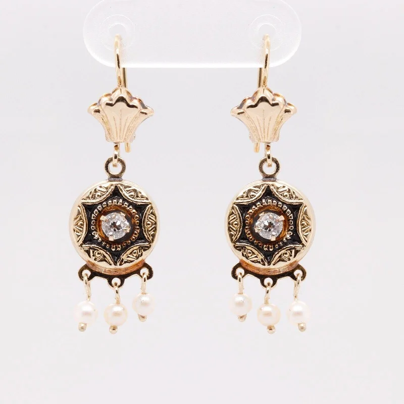 Subtle dangle earrings-Antique 14k Yellow Gold Old Mine Diamond & Pearl Dangle Earrings 0.20ctw