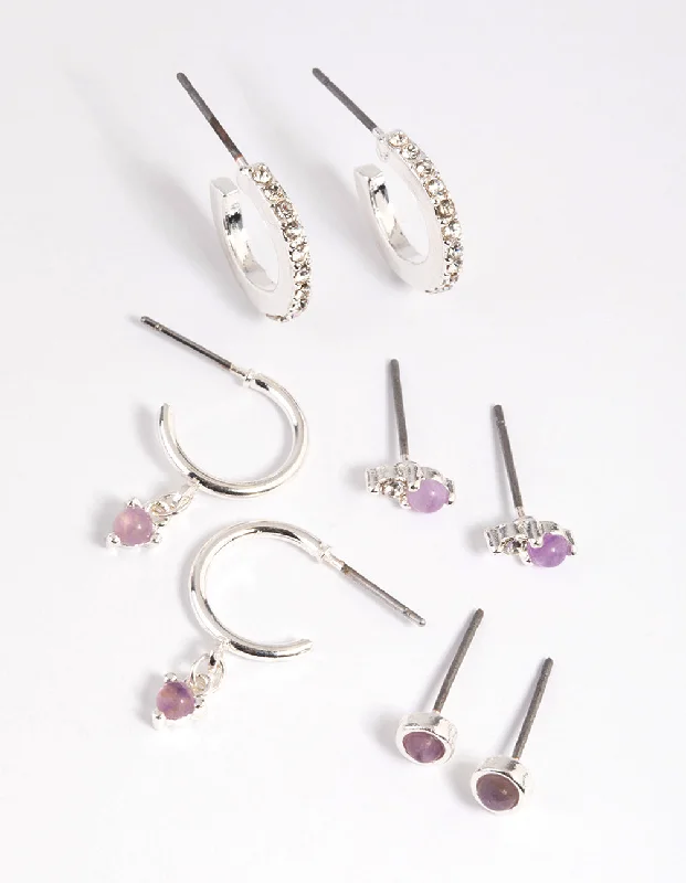 Wide hoop earrings-Purple Amethyst Diamante Earring Stack Pack