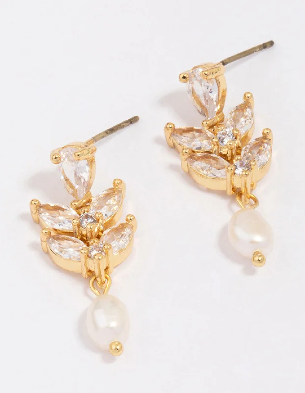 Topaz stud earrings-Gold Plated Double Leaf Pearl Drop Earrings