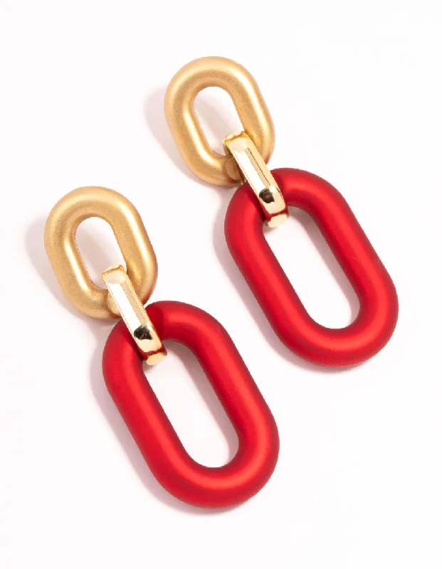 Wide statement earrings-Red Coated Metal Pearlised Link Drop Earrings