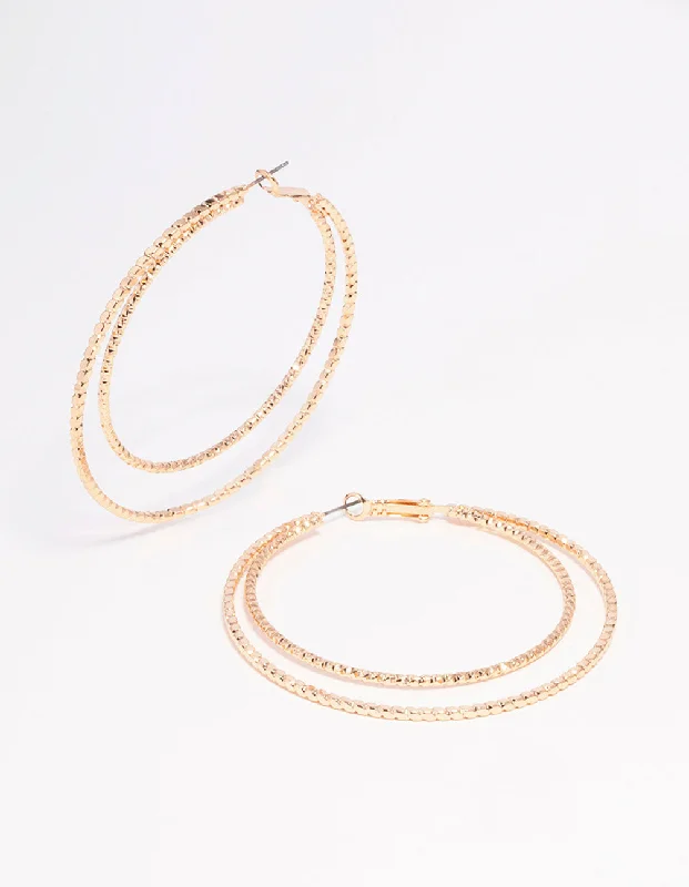 Rough texture earrings-Gold Textured Double Large Hoop Earrings