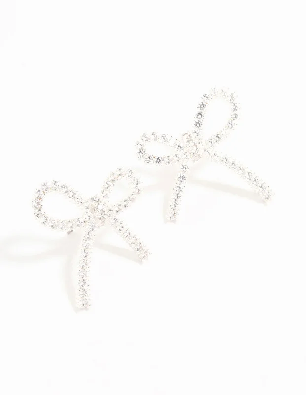 Light clay earrings-Silver Plated Pave Cubic Zirconia Bow Earrings