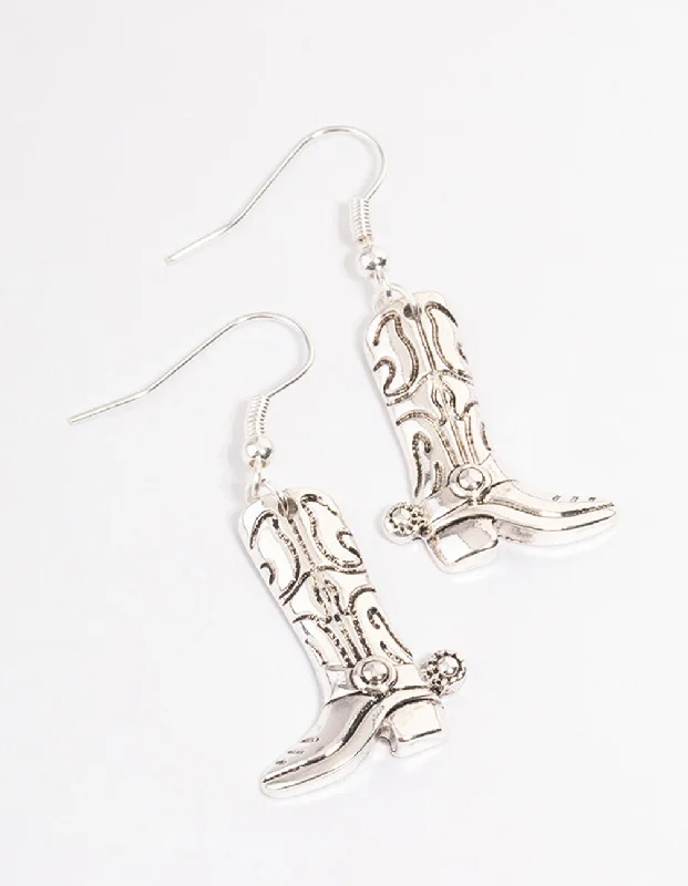 Simple cross earrings-Antique Silver Western Boots Drop Earrings