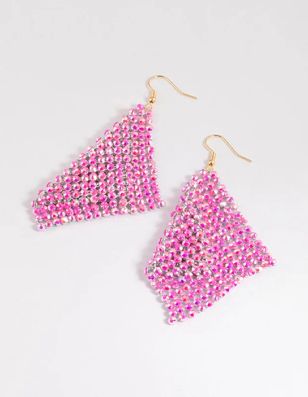 Bright stud earrings-Pink Diamante Chainmail Drop Earrings