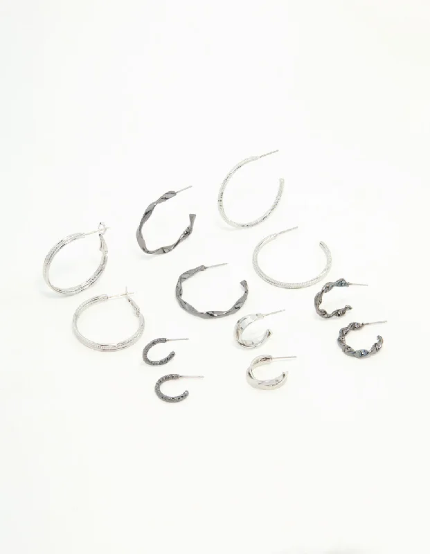 Tide design earrings-Mixed Shade Silver Twisted & Sleek Hoop Earrings 6-Pack