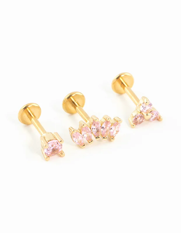 Polished bead earrings-Gold Plated Surgical Steel Pink Cubic Zirconia Clover & Fan Flat Backs 3-Pack