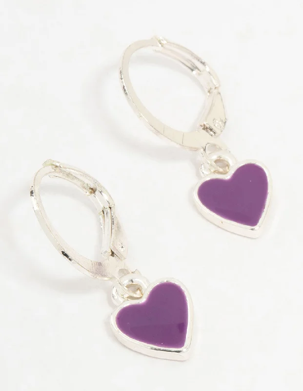 Silk tassel earrings-Silver Drop Purple Heart Huggie Earrings