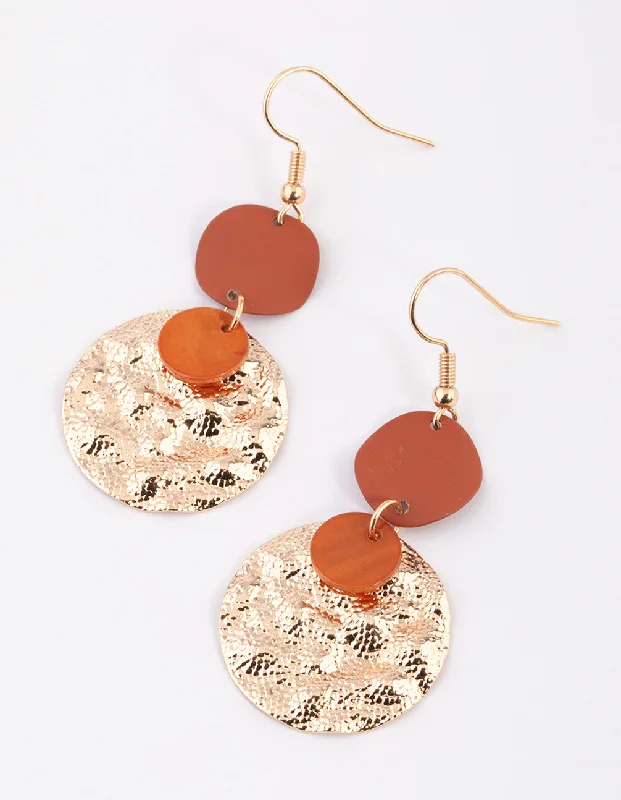 Topaz stud earrings-Brown Mixed Wrap & Hammered Disc Drop Earrings