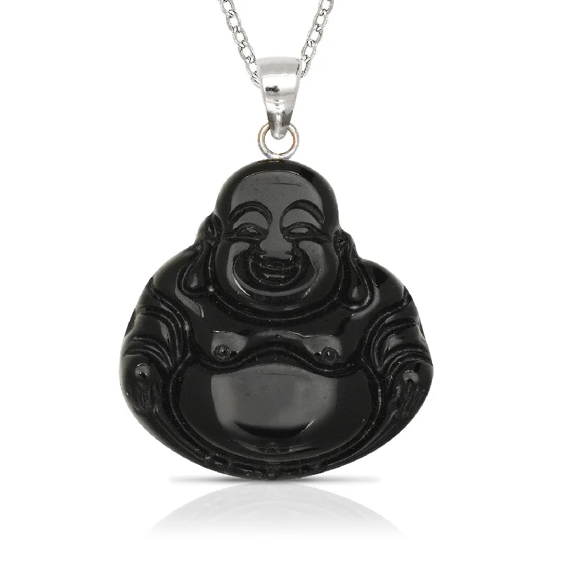 High gloss necklaces-925 Sterling silver 18" Green Jade/Lavendar Jade/Black Onyx/ Brown Jade Carved Buddha Pendant Necklace (20mm x 30mm)