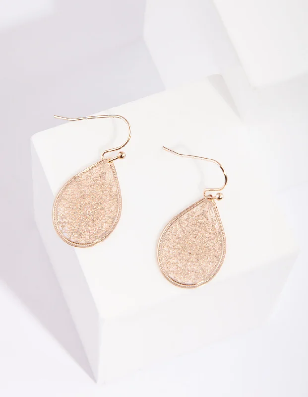 Cotton cord earrings-Rose Gold Filigree Lace Tear Drop Earrings