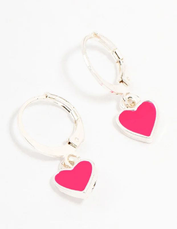 Topaz stone earrings-Pink Silver Drop Heart Huggie Earrings