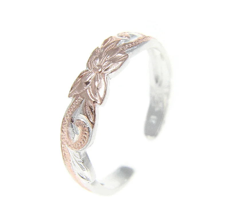 Chunky stone engagement rings-925 Sterling Silver Pink Rose Gold Hawaiian Plumeria Flower Scroll 4mm Toe Ring