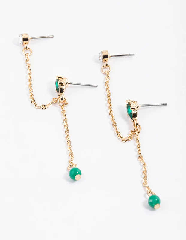 Woven thread earrings-Gold Double Chain Marquise Drop Earrings