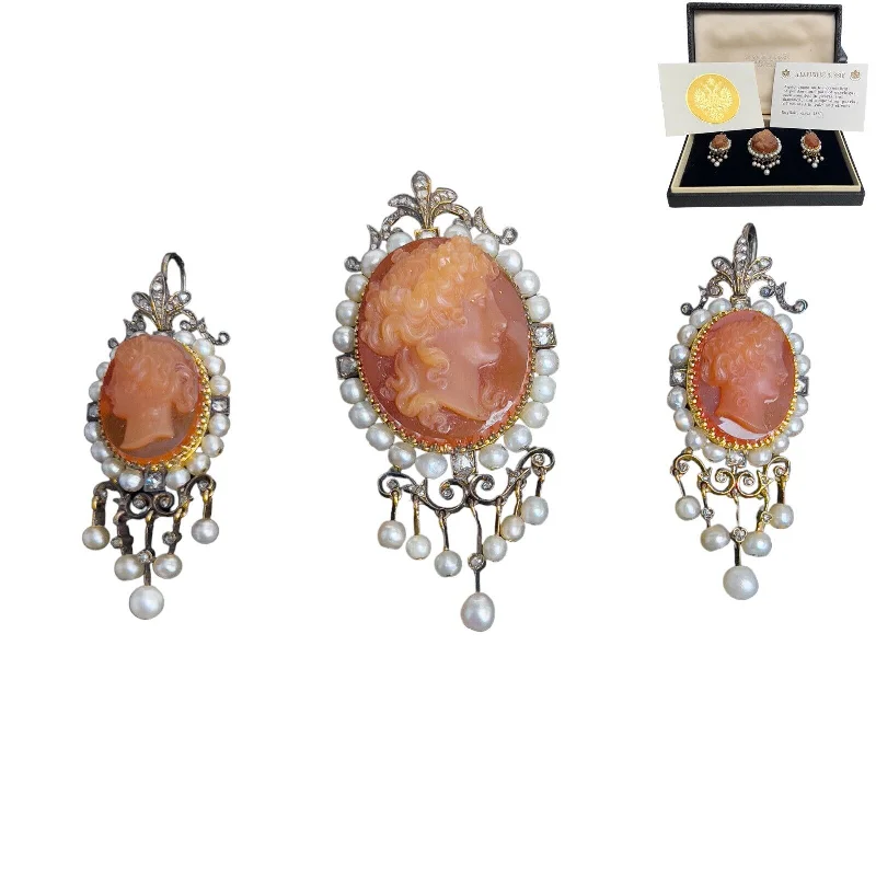 Bold cuff earrings-A La Vieille Russie Agate Cameo Gold & Silver Diamond Pearl Pendant Earrings Set