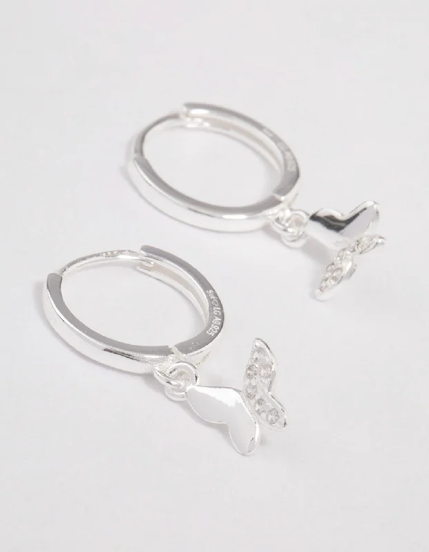 Tiny heart earrings-Sterling Silver Diamante Butterfly Huggie Earrings