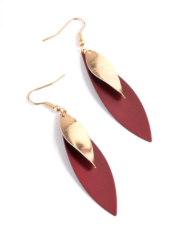 Spinel earrings-Maroon Long Double Leaf Drop Earrings