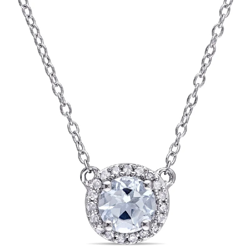 Polished bead necklaces-Miadora Ladies Aquamarine and 1/10ct TDW Diamond Halo Necklace in Sterling Silver - Blue