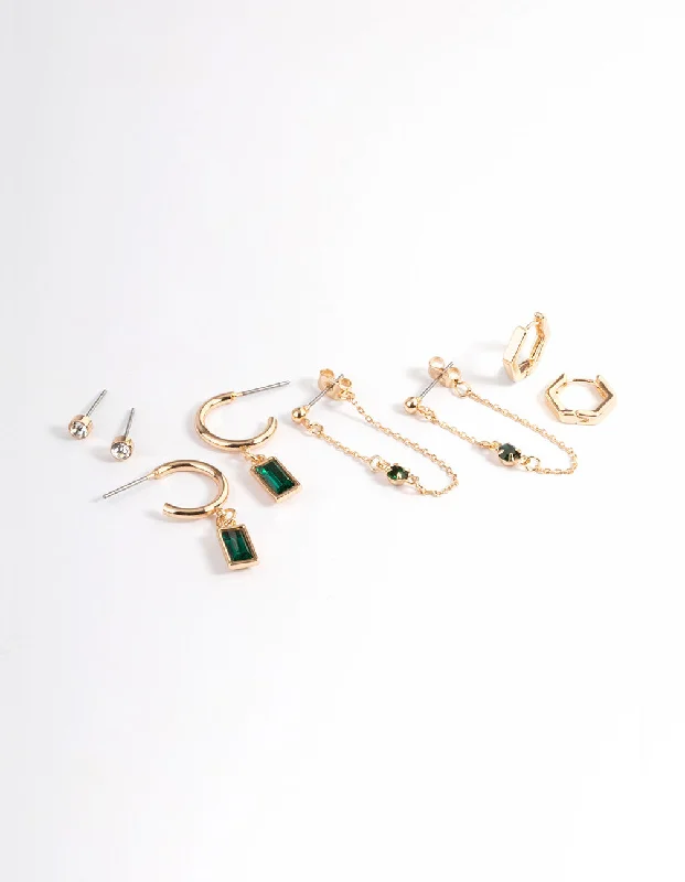 Alloy metal earrings-Green Diamante Baguette Earrings 4-Pack