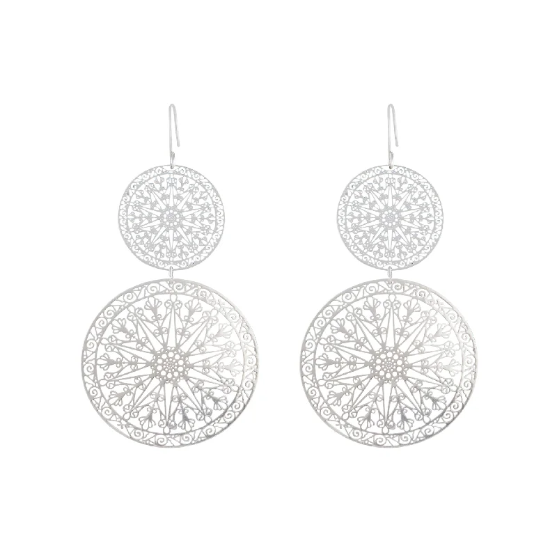 Cedar wood earrings-Silver Filigree Statement Disc Drop Earrings