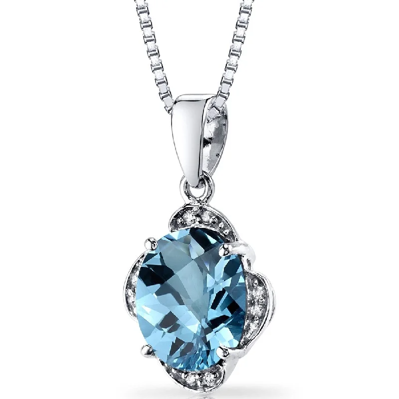 Cotton cord necklaces-14k White Gold 3 ct Oval-cut Swiss Blue Topaz and Diamond Pendant Necklace