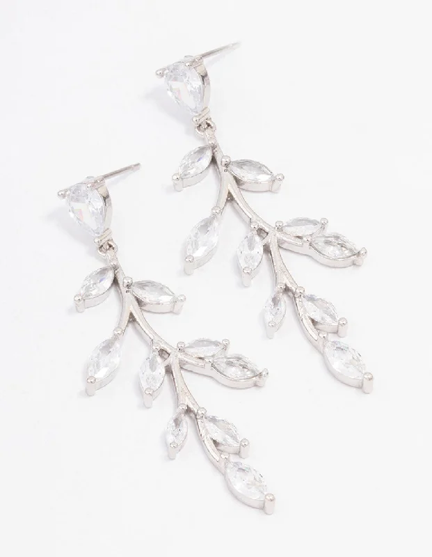 Coiled cord earrings-Silver Cubic Zirconia Leaf Drop Earrings