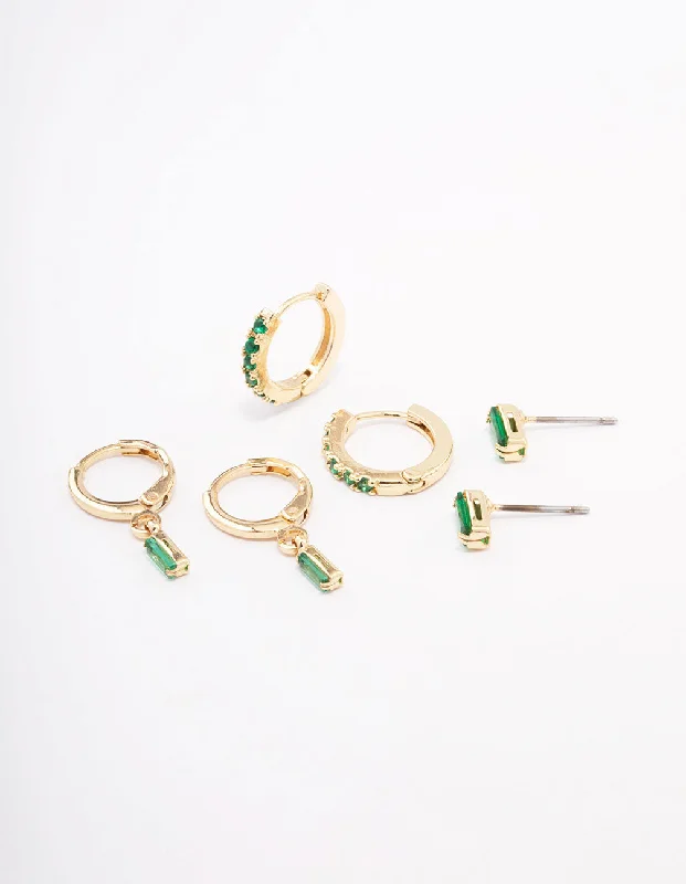 Nomad braid earrings-Gold Plated Brass Baguette Stud & Huggie Earring Pack