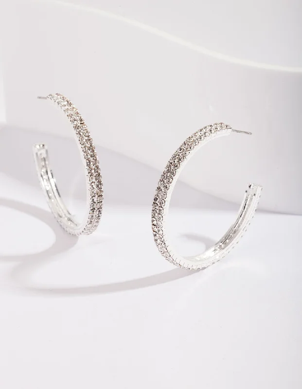 Bamboo style earrings-Double Row Diamante Hoop Earrings