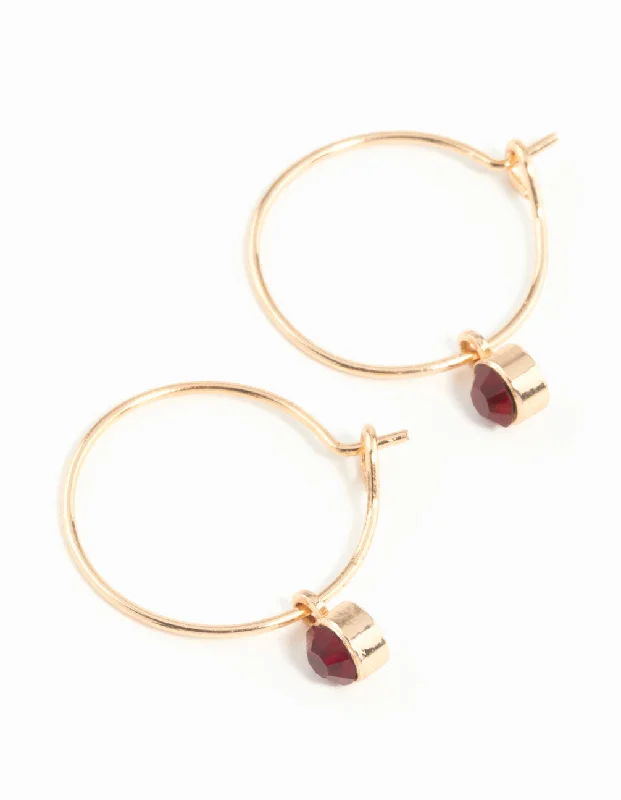 Onyx gem earrings-Gold Red Stone Fine Hoop Earrings