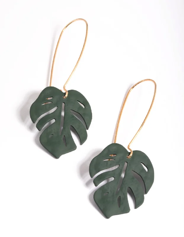 Curved design earrings-Green Leaf Cutout Drop Earrings