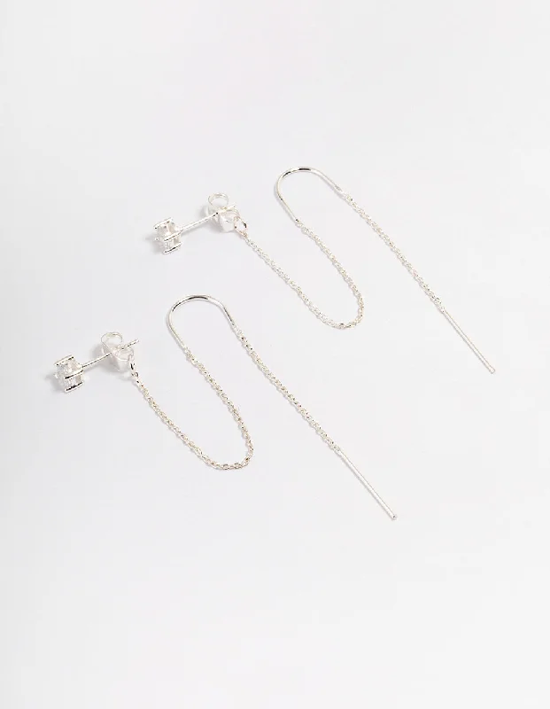 Fine threader earrings-Silver Diamante Chain Threader Drop Earrings