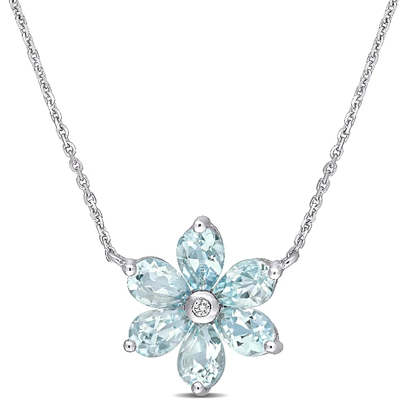 Flat knot necklaces-Miadora 14k White Gold Aquamarine and Diamond-Accent Floral Station Necklace