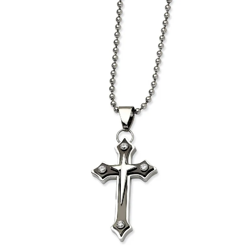 Fine bead necklaces-Curata Stainless Steel 20" Mens Large Antiqued Cross with Cubic Zirconia Necklace - 28x49mm