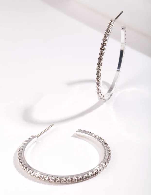 Petal hoop earrings-Silver Medium Diamante Hoop Earrings