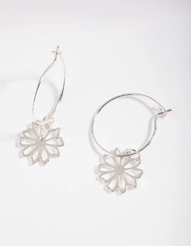 Swirl shape earrings-Silver Dainty Flower Hoop Earrings