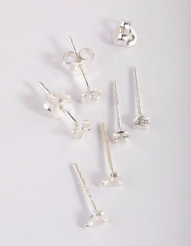 Flat badge earrings-Sterling Silver Cubic Zirconia Stud Earring Pack