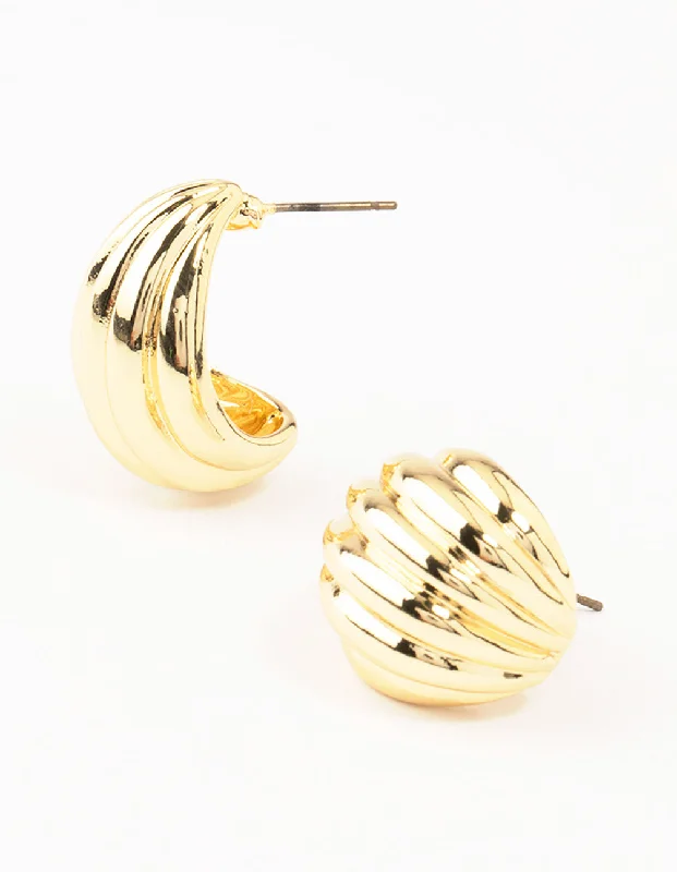 Mystic eye earrings-Gold Plated Brass Ribbed Hoop Earrings