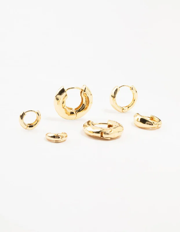 Petal hoop earrings-Gold Plated Brass Hammered Graduating Hoop Earrings 3-Pack