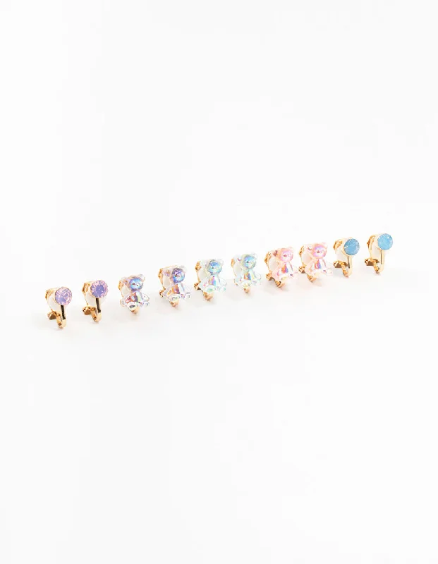 Tide design earrings-Kids Holographic Gummy Bear Clip On Gold Earrings 5-Pack